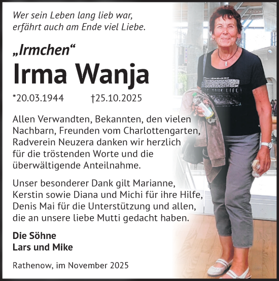Traueranzeige von Irma Wanja von Märkische Oderzeitung