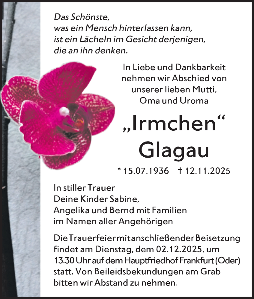  Traueranzeige für Irmchen Glagau vom 22.11.2025 aus Märkische Oderzeitung