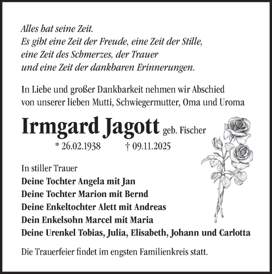 Traueranzeige von Irmgard Jagott von Märkische Oderzeitung