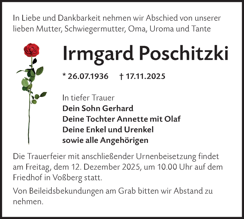  Traueranzeige für Irmgard Poschitzki vom 29.11.2025 aus MO Oderld.-Echo