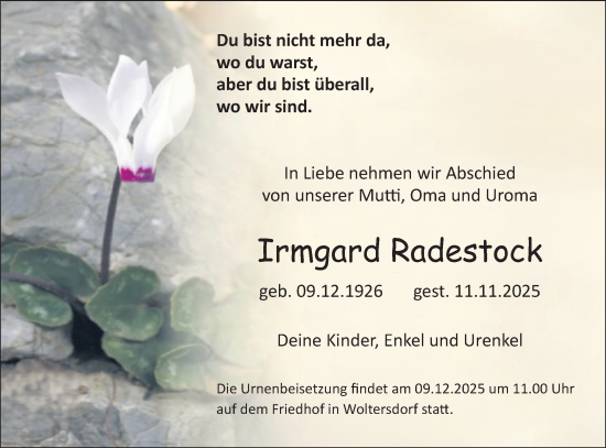 Traueranzeige von Irmgard Radestock von Blickpunkt Jüterbog/Luckenwalde