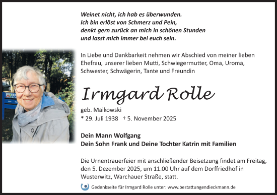 Traueranzeige von Irmgard Rolle von Märkische Oderzeitung