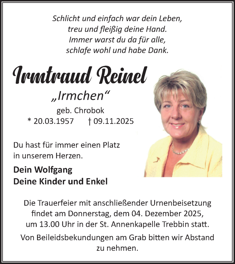  Traueranzeige für Irmtraud Reinel vom 29.11.2025 aus Blickpunkt Jüterbog/Luckenwalde