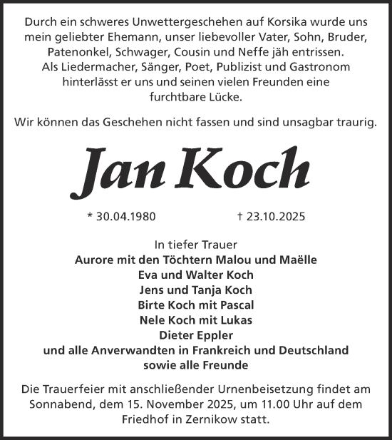 Traueranzeige von Jan Koch von Märkische Oderzeitung