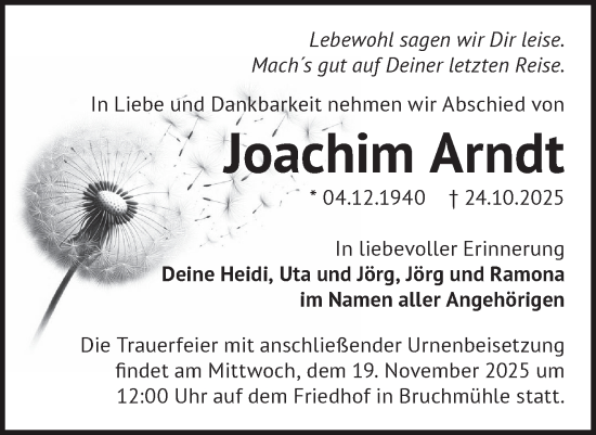 Traueranzeige von Joachim Arndt von Märkische Oderzeitung