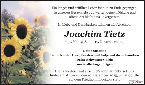 Traueranzeige von Joachim Tietz von Märkische Oderzeitung