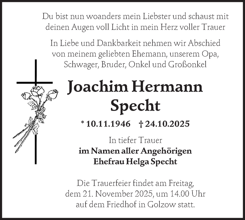  Traueranzeige für Joachim Hermann Specht vom 05.11.2025 aus MO Oderld.-Echo