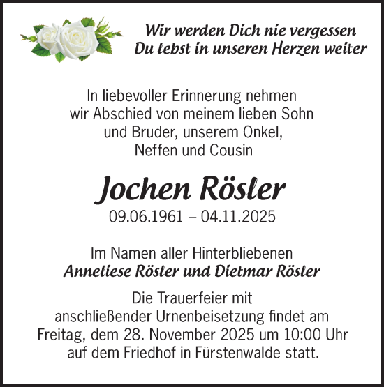Traueranzeige von Jochen Rösler von Märkische Oderzeitung