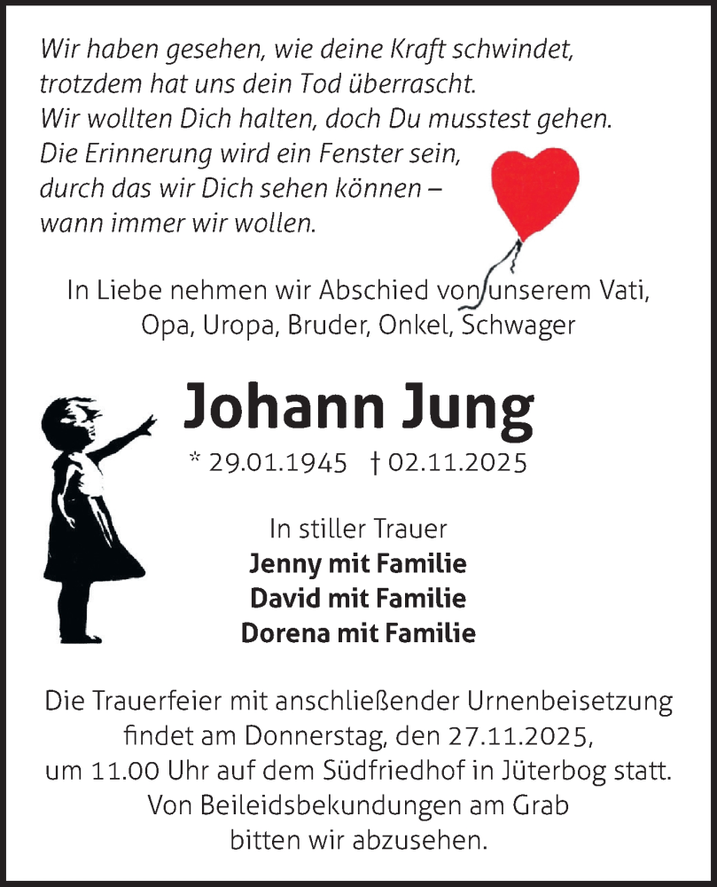  Traueranzeige für Johann Jung vom 15.11.2025 aus Blickpunkt Jüterbog/Luckenwalde