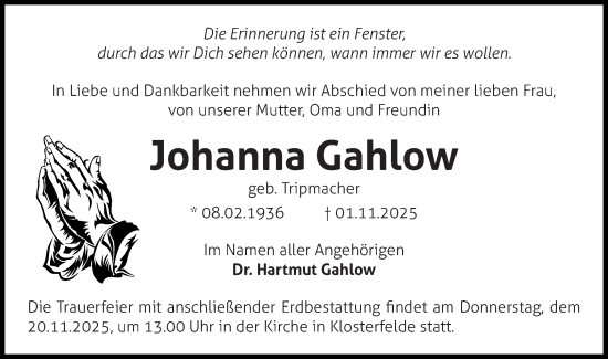 Traueranzeige von Johanna Gahlow von Märkische Oderzeitung