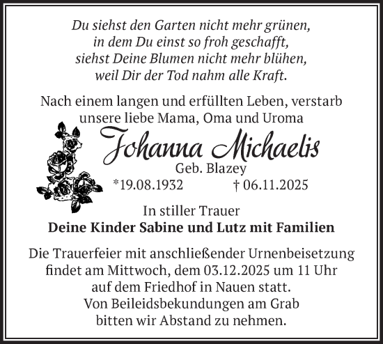 Traueranzeige von Johanna Michaelis von Märkische Oderzeitung