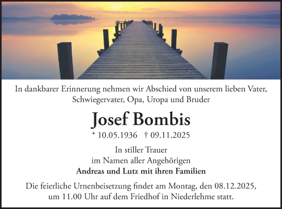 Traueranzeige von Josef Bombis von Blickpunkt Königs Wusterhausen