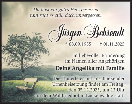Traueranzeige von Jürgen Behrendt von Blickpunkt Jüterbog/Luckenwalde