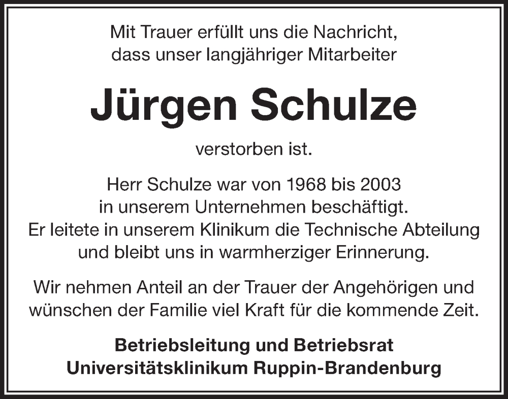  Traueranzeige für Jürgen Schulze vom 15.11.2025 aus Märkische Oderzeitung