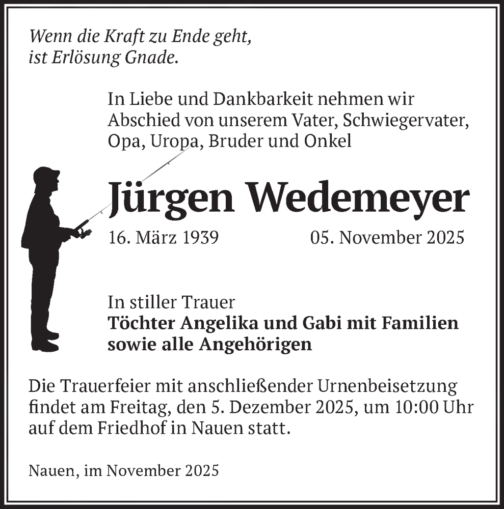  Traueranzeige für Jürgen Wedemeyer vom 15.11.2025 aus Märkische Oderzeitung