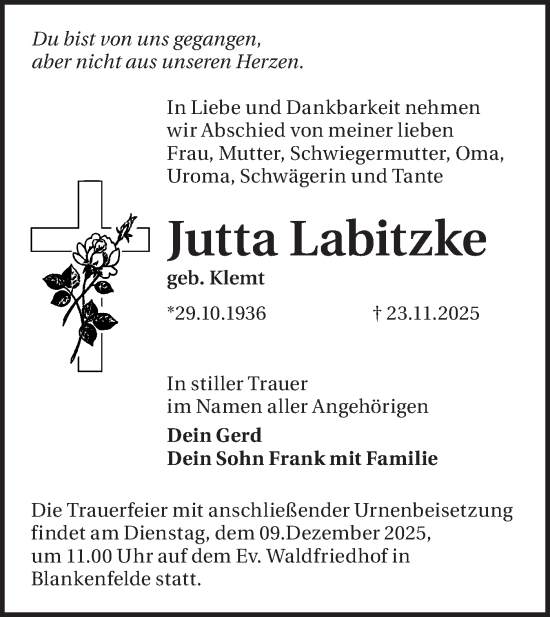 Traueranzeige von Jutta Labitzke von Blickpunkt Ludwigsfelde/Zossen