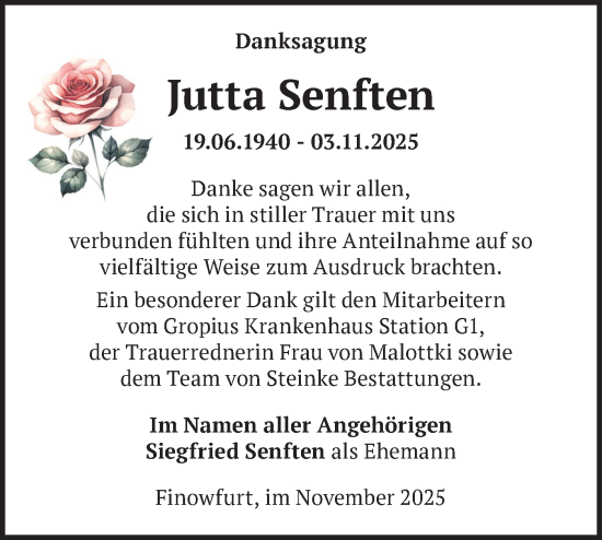 Traueranzeige von Jutta Senften von Märkische Oderzeitung