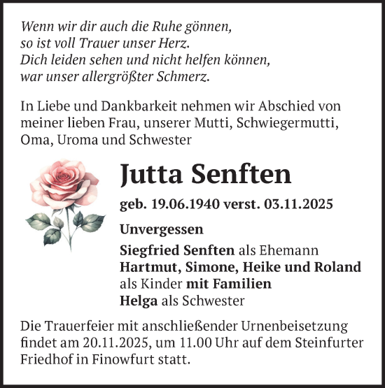 Traueranzeige von Jutta Senften von Märkische Oderzeitung