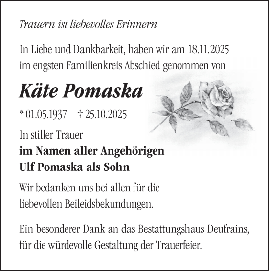 Traueranzeige von Käte Pomaska von Märkische Oderzeitung