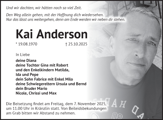 Traueranzeige von Kai Anderson von Märkische Oderzeitung