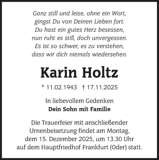 Traueranzeige von Karin Holtz von Märkische Oderzeitung