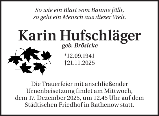 Traueranzeige von Karin Hufschläger von Märkische Oderzeitung