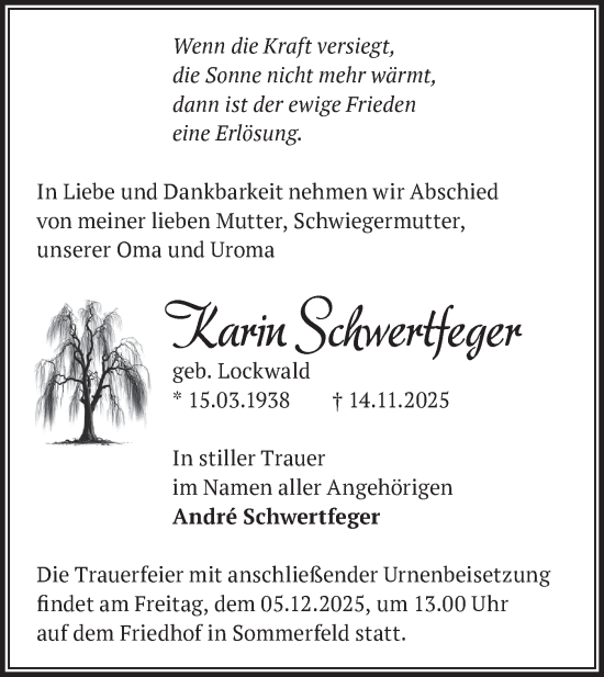 Traueranzeige von Karin Schwertfeger von Märkische Oderzeitung
