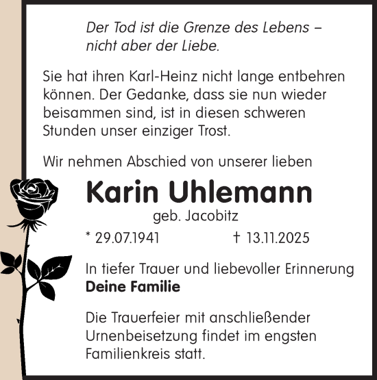 Traueranzeige von Karin Uhlemann von Märkische Oderzeitung