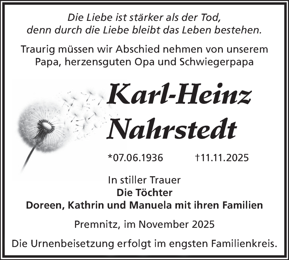  Traueranzeige für Karl-Heinz Nahrstedt vom 22.11.2025 aus Märkische Oderzeitung
