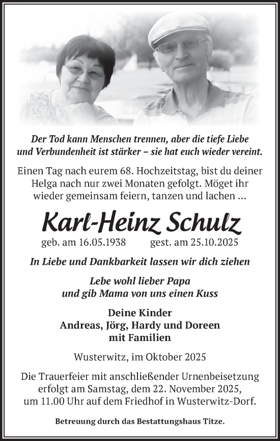 Traueranzeige von Karl-Heinz Schulz von Märkische Oderzeitung