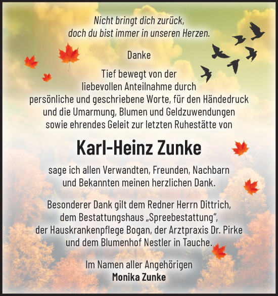 Traueranzeige von Karl-Heinz Zunke von Märkische Oderzeitung