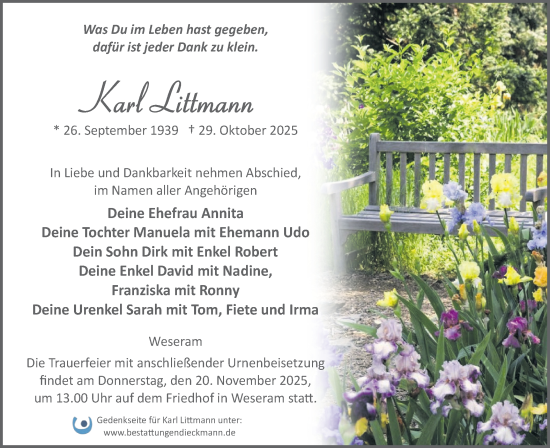 Traueranzeige von Karl Littmann von Märkische Oderzeitung