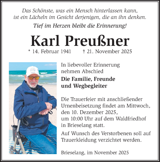 Traueranzeige von Karl Preußner von Märkische Oderzeitung
