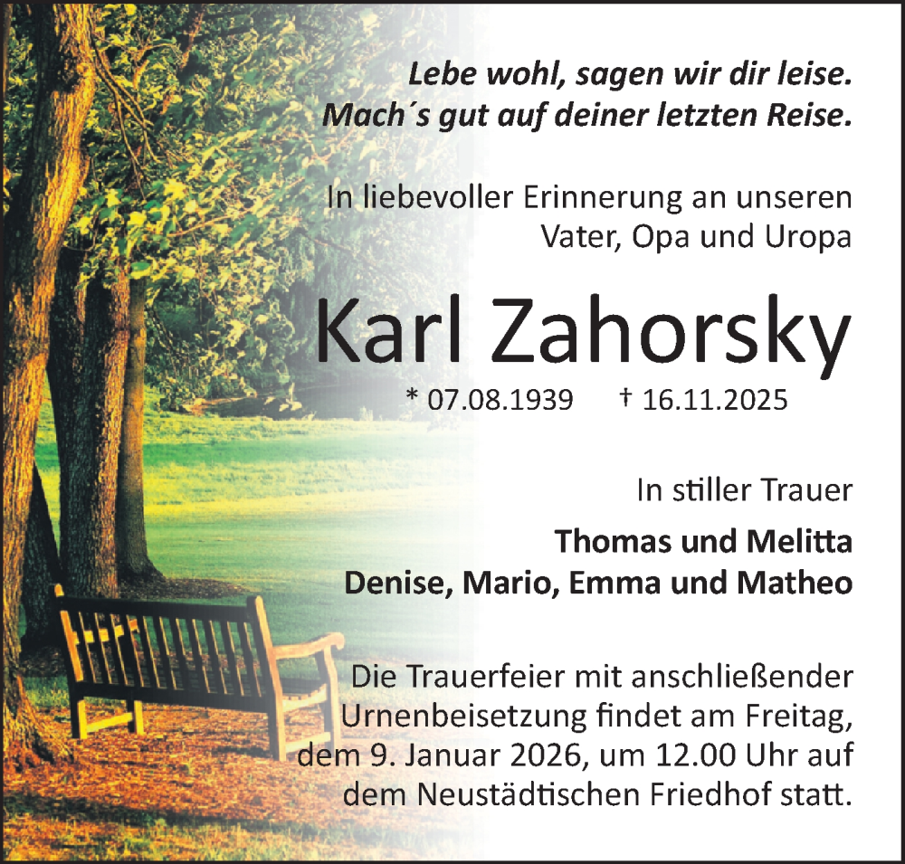  Traueranzeige für Karl Zahorsky vom 29.11.2025 aus Märkische Oderzeitung