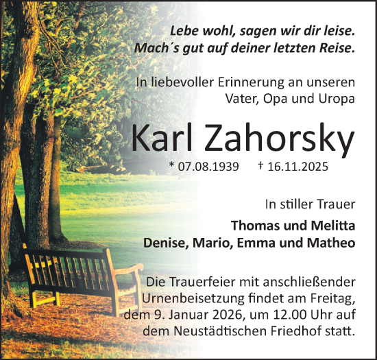 Traueranzeige von Karl Zahorsky von Märkische Oderzeitung