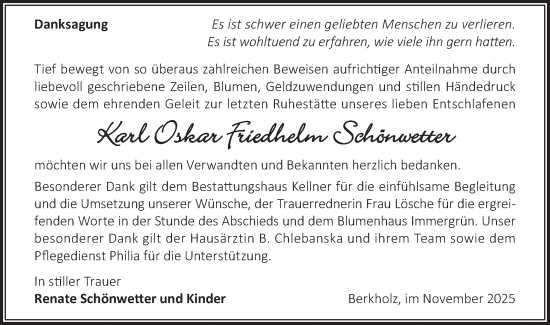 Traueranzeige von Karl Oskar Friedhelm Schönwetter von MO Uckerm.-Anz.