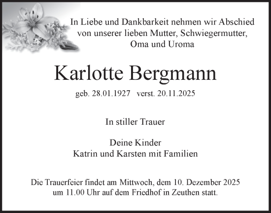 Traueranzeige von Karlotte Bergmann von Blickpunkt Königs Wusterhausen