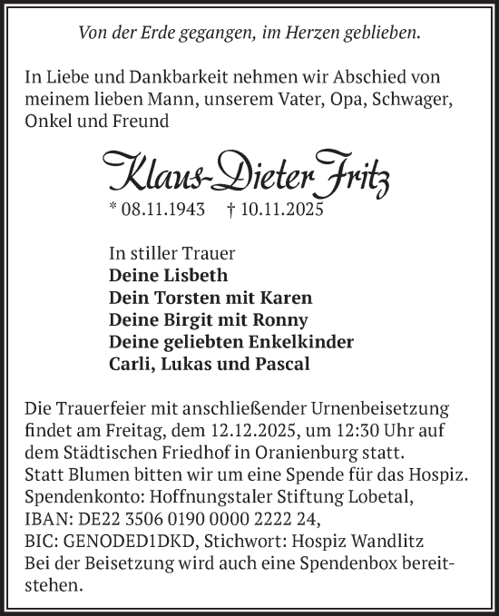 Traueranzeige von Klaus-Dieter Fritz von Märkische Oderzeitung