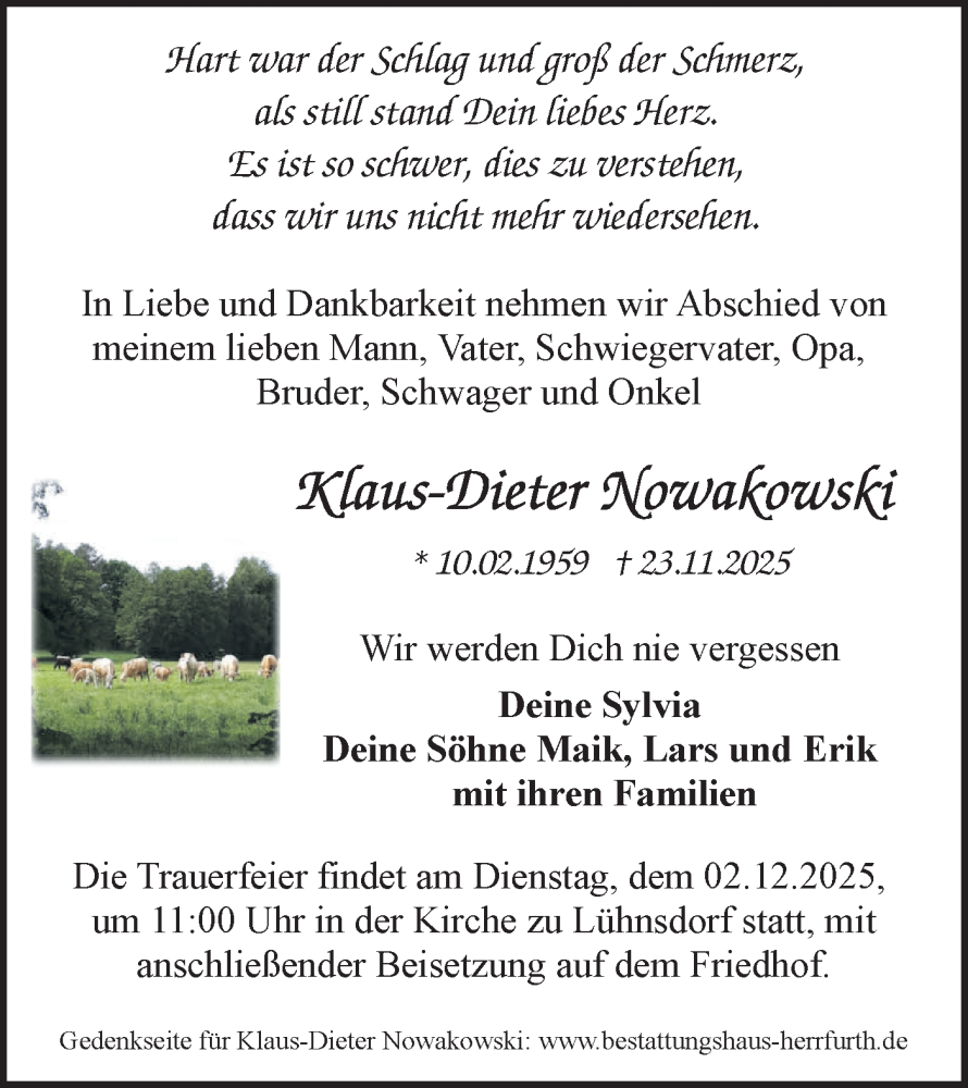  Traueranzeige für Klaus-Dieter Nowakowski vom 29.11.2025 aus Märkische Oderzeitung