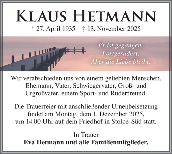 Traueranzeige von Klaus Hetmann von Märkische Oderzeitung