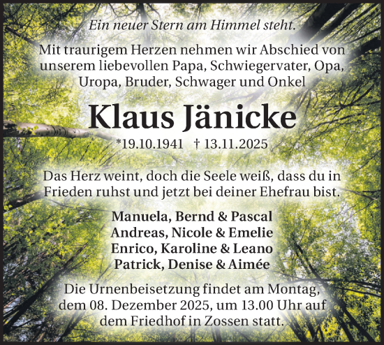 Traueranzeige von Klaus Jänicke von Blickpunkt Ludwigsfelde/Zossen