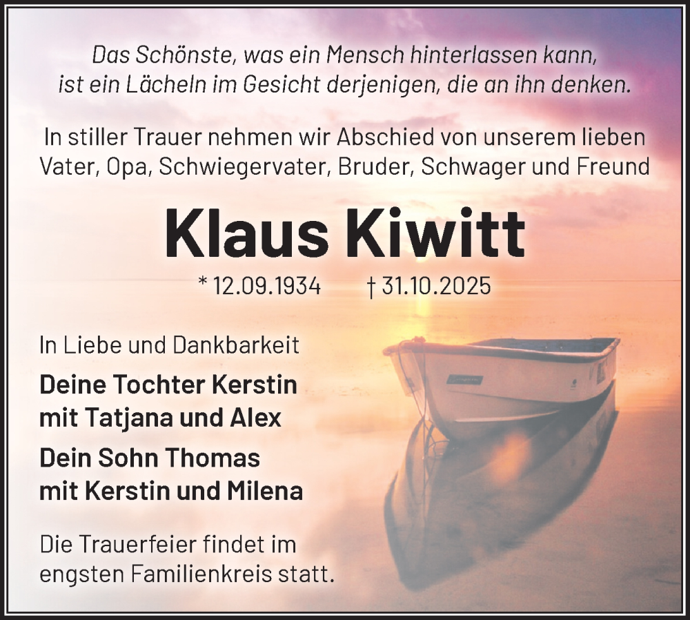  Traueranzeige für Klaus Kiwitt vom 15.11.2025 aus Blickpunkt Ludwigsfelde/Zossen