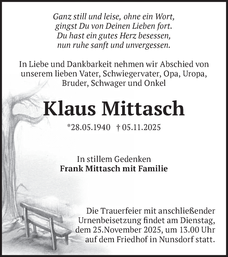  Traueranzeige für Klaus Mittasch vom 15.11.2025 aus Blickpunkt Ludwigsfelde/Zossen