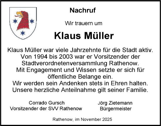 Traueranzeige von Klaus Müller von Märkische Oderzeitung