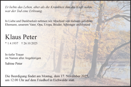Traueranzeige von Klaus Peter von Blickpunkt Königs Wusterhausen