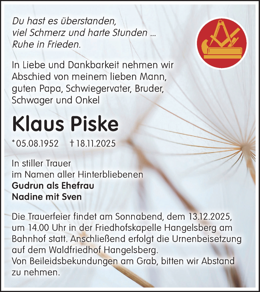  Traueranzeige für Klaus Piske vom 29.11.2025 aus Märkische Oderzeitung
