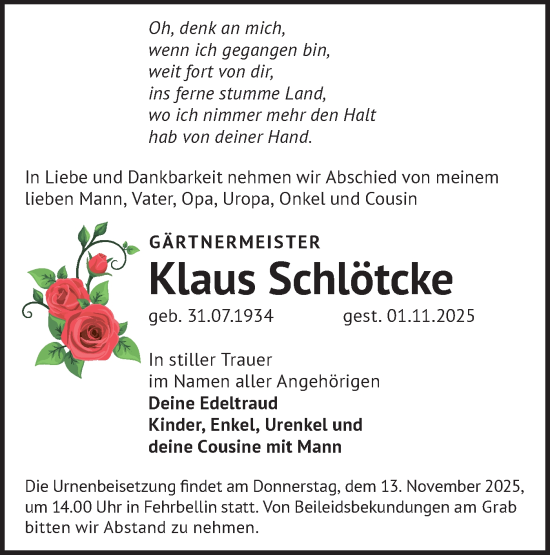 Traueranzeige von Klaus Schlötcke von Märkische Oderzeitung