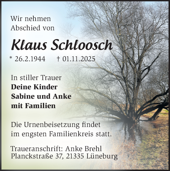 Traueranzeige von Klaus Schloosch von Märkische Oderzeitung