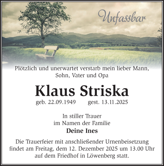 Traueranzeige von Klaus Striska von Märkische Oderzeitung