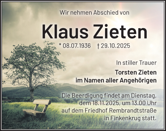 Traueranzeige von Klaus Zieten von Märkische Oderzeitung